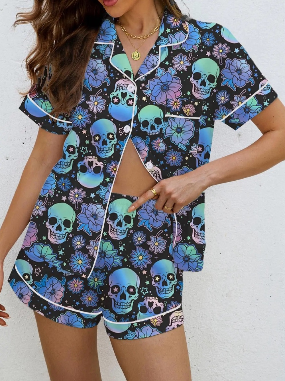 Women's Neon Skull Floral Short Pajama Set - Black/Blue
